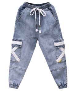 Hip Hop Boys Side Pockets Jeans Cargo Harem Pants Kids Jeans 2019 Casual Blue Denim Elastic Waist Jeans Loose Pants Boy Trousers