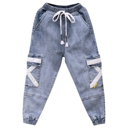 Hip Hop Boys Side Pockets Jeans Cargo Harem Pants Kids Jeans 2019 Casual Blue Denim Elastic Waist Jeans Loose Pants Boy Trousers
