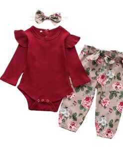 3Pcs Newborn Baby Girl Clothes Set Fashion Autumn Long Sleeve Solid Color Romper Tops Pants Headband Infant Clothing Outfits
