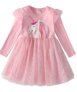 VIKITA Girls Princess Dresses Kids Cartoon Vestidos Children Autumn Dress Kids Dress for Girls Long Sleeve Unicorn Dresses