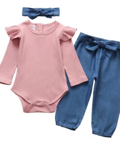 3Pcs Newborn Baby Girl Clothes Set Fashion Autumn Long Sleeve Solid Color Romper Tops Pants Headband Infant Clothing Outfits