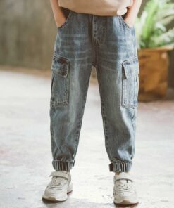 New Jeans For Boys Solid Jeans Pants For Boys Velcro Cargo Pants Kids Jeans Boy Spring Autumn Casual Teenage Clothes For Boys