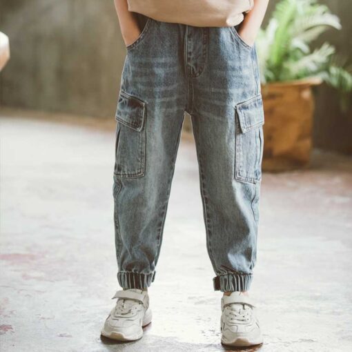 New Jeans For Boys Solid Jeans Pants For Boys Velcro Cargo Pants Kids Jeans Boy Spring Autumn Casual Teenage Clothes For Boys