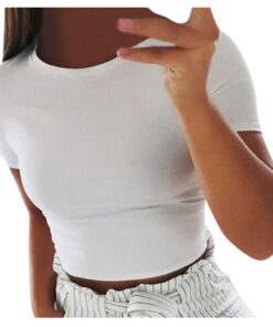 #H30 Solid Color Skinny T Shirt Women Short Sleeve O Neck Casual T-Shirt For Young Girls Gym Sports Crop Top Harajuku Tee Shirt