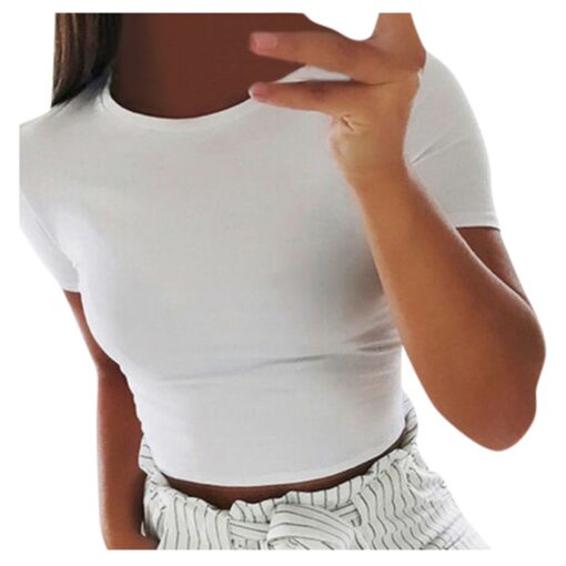 #H30 Solid Color Skinny T Shirt Women Short Sleeve O Neck Casual T-Shirt For Young Girls Gym Sports Crop Top Harajuku Tee Shirt