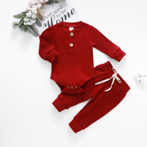 Infant Newborn Baby Girls Boys Spring Autumn Ribbed Solid Clothes Sets Long Sleeve Bodysuits + Elastic Pants 2PCs Solid Outfits