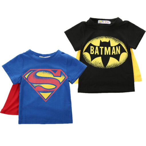 2020 Kids Boys T-shirt Tops with Cape Superman Batman Children summer Short Sleeve t-shirt Tee tops Baby Boys Clothes custume