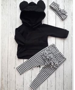 1-6Y Autumn Winter Lovely Toddler Baby Girls Clothes Sets 3PCS 3D Ears Hooded Pullover Black Tops+Ruffles Plaid Pants+Headband