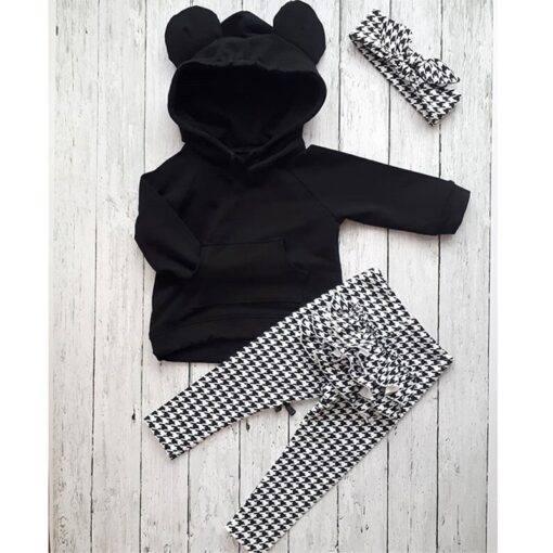 1-6Y Autumn Winter Lovely Toddler Baby Girls Clothes Sets 3PCS 3D Ears Hooded Pullover Black Tops+Ruffles Plaid Pants+Headband