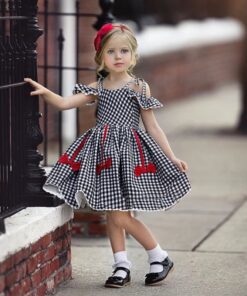 EACHIN Girls Dresses Fashion Baby Kids Girl Short Sleeve Off Shoulder A-Line Plaid Princess Dress Children Casual Beach Dresses