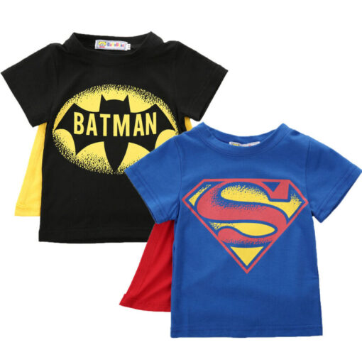 2020 Kids Boys T-shirt Tops with Cape Superman Batman Children summer Short Sleeve t-shirt Tee tops Baby Boys Clothes custume