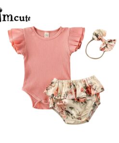2020 0-24M Baby Hot Summer Clothing Newborn Baby Girl Ruffled Ribbed Bodysuit Floral Shorts Headband 3Pcs Sets Infant Outfits