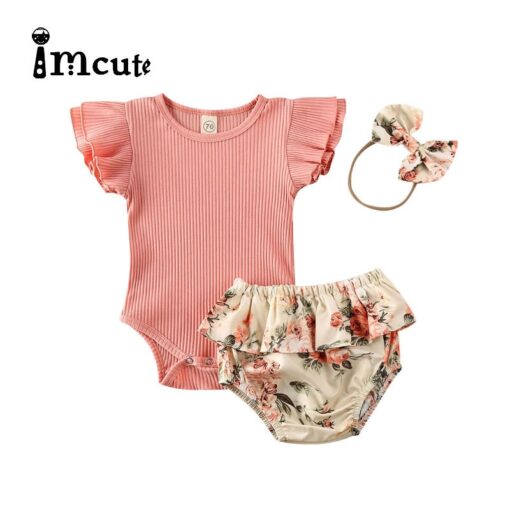 2020 0-24M Baby Hot Summer Clothing Newborn Baby Girl Ruffled Ribbed Bodysuit Floral Shorts Headband 3Pcs Sets Infant Outfits
