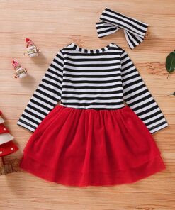 Toddler Baby Girls Christmas Santa Striped Print Tulle Dress+Headband Outfits Princess Party Dress Infantil Children Kids Suit