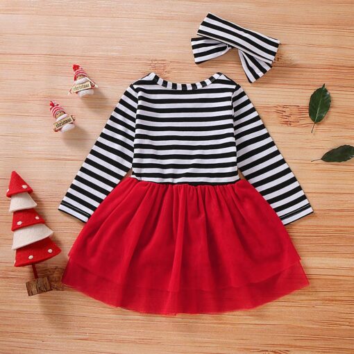 Toddler Baby Girls Christmas Santa Striped Print Tulle Dress+Headband Outfits Princess Party Dress Infantil Children Kids Suit