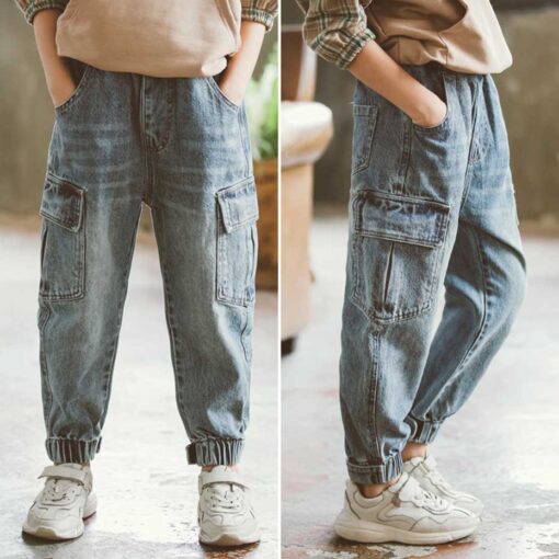New Jeans For Boys Solid Jeans Pants For Boys Velcro Cargo Pants Kids Jeans Boy Spring Autumn Casual Teenage Clothes For Boys