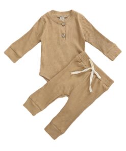 Infant Newborn Baby Girls Boys Spring Autumn Ribbed Solid Clothes Sets Long Sleeve Bodysuits + Elastic Pants 2PCs Solid Outfits