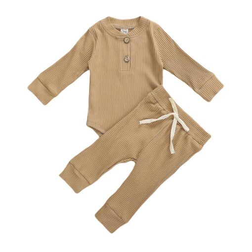 Infant Newborn Baby Girls Boys Spring Autumn Ribbed Solid Clothes Sets Long Sleeve Bodysuits + Elastic Pants 2PCs Solid Outfits