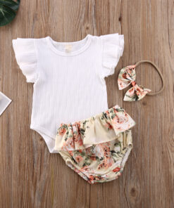 2020 0-24M Baby Hot Summer Clothing Newborn Baby Girl Ruffled Ribbed Bodysuit Floral Shorts Headband 3Pcs Sets Infant Outfits