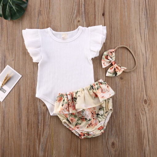 2020 0-24M Baby Hot Summer Clothing Newborn Baby Girl Ruffled Ribbed Bodysuit Floral Shorts Headband 3Pcs Sets Infant Outfits