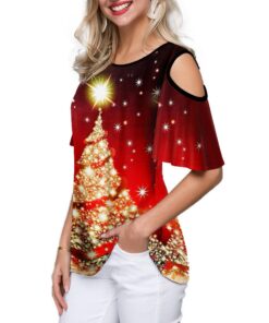 2020 New Women's Shirt Casual Fashion Christmas Trees Printed Lax Round Collar Short Sleeve Tee Female Clothes Christmas T-shirt