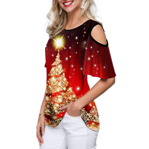 2020 New Women's Shirt Casual Fashion Christmas Trees Printed Lax Round Collar Short Sleeve Tee Female Clothes Christmas T-shirt