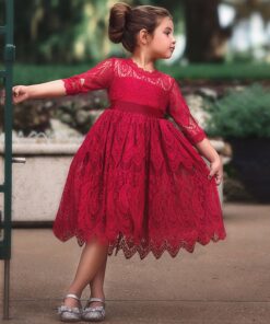 Kids dresses for Girls Christmas Clothes Half-sleeve Lace Party Costume Red Children Elegant Prom Frocks 3-8Y Girls Casual Wear