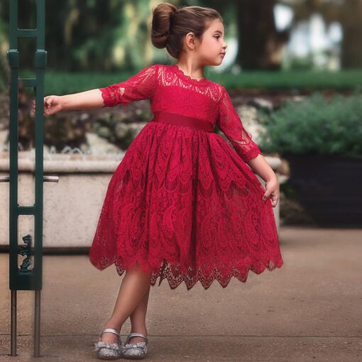 Kids dresses for Girls Christmas Clothes Half-sleeve Lace Party Costume Red Children Elegant Prom Frocks 3-8Y Girls Casual Wear
