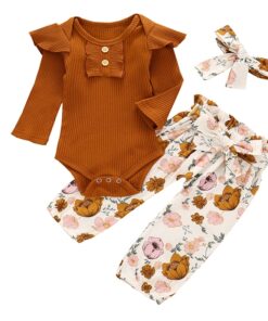 3Pcs Newborn Baby Girl Clothes Set Fashion Autumn Long Sleeve Solid Color Romper Tops Pants Headband Infant Clothing Outfits