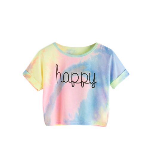 Tie Dye T-Shirts Tops Kids Casual Girls Happy Letter Printed Children tshirt 2020 Summer tshirt for woman Short Sleeve Tees
