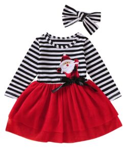 Toddler Baby Girls Christmas Santa Striped Print Tulle Dress+Headband Outfits Princess Party Dress Infantil Children Kids Suit