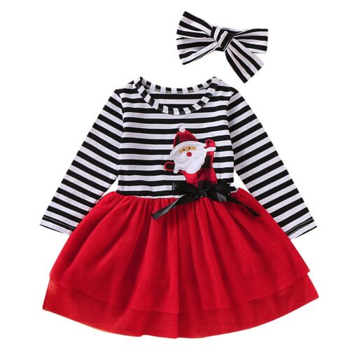 Toddler Baby Girls Christmas Santa Striped Print Tulle Dress+Headband Outfits Princess Party Dress Infantil Children Kids Suit