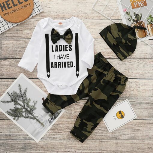 Cute 3PCS Set Newborn Baby Boy Clothes Lovely bowtie kids Cotton Bodysuit Tops Long Pants Hat Outfits Clothes Set 0-18M D30