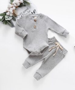 Infant Newborn Baby Girls Boys Spring Autumn Ribbed Solid Clothes Sets Long Sleeve Bodysuits + Elastic Pants 2PCs Solid Outfits