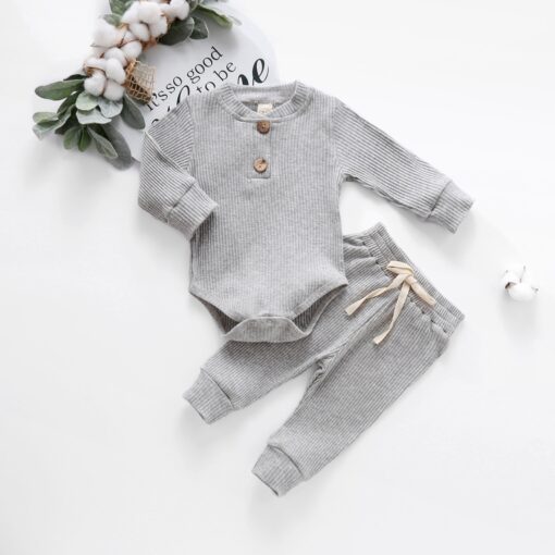 Infant Newborn Baby Girls Boys Spring Autumn Ribbed Solid Clothes Sets Long Sleeve Bodysuits + Elastic Pants 2PCs Solid Outfits
