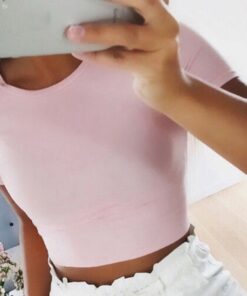 #H30 Solid Color Skinny T Shirt Women Short Sleeve O Neck Casual T-Shirt For Young Girls Gym Sports Crop Top Harajuku Tee Shirt