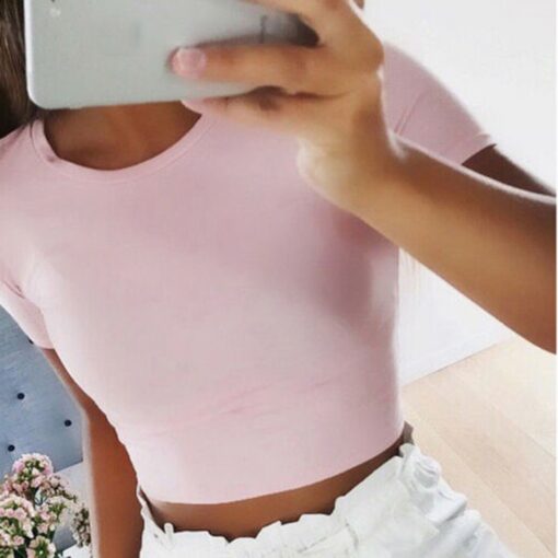 #H30 Solid Color Skinny T Shirt Women Short Sleeve O Neck Casual T-Shirt For Young Girls Gym Sports Crop Top Harajuku Tee Shirt
