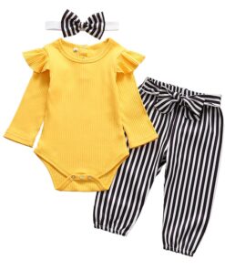 3Pcs Newborn Baby Girl Clothes Set Fashion Autumn Long Sleeve Solid Color Romper Tops Pants Headband Infant Clothing Outfits