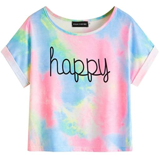 Tie Dye T-Shirts Tops Kids Casual Girls Happy Letter Printed Children tshirt 2020 Summer tshirt for woman Short Sleeve Tees