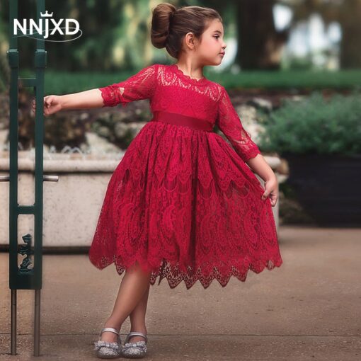 Kids dresses for Girls Christmas Clothes Half-sleeve Lace Party Costume Red Children Elegant Prom Frocks 3-8Y Girls Casual Wear