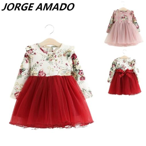 Girls Dress Floral Christmas Dress Girl Long Sleeve Fluffy Tutu Princess Dress Children Clothing E504779