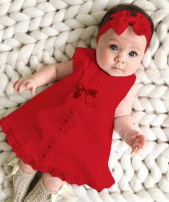 Newborn Baby Girl Dress Sleeveless Casual Maxi Bow Dress+Headband Set outfit Bowknot Ruffle Red Clothes Baby Summer Dress