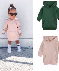 1-5Y Infant Kids Baby Girl Long Sleeve Hooded Dress Solid Color Pullover Clothes Autumn Winter Warm Top for Children