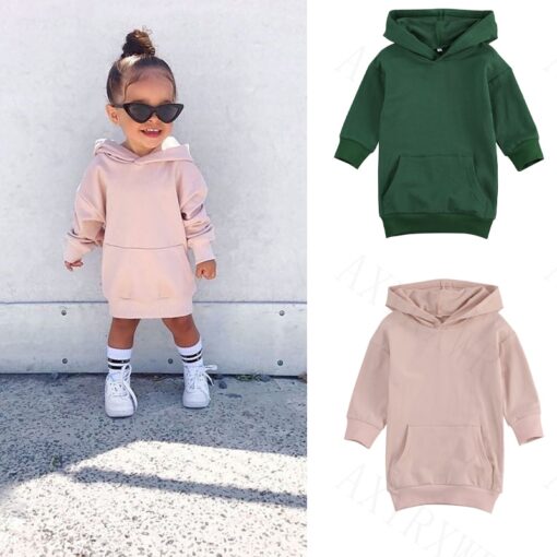 1-5Y Infant Kids Baby Girl Long Sleeve Hooded Dress Solid Color Pullover Clothes Autumn Winter Warm Top for Children
