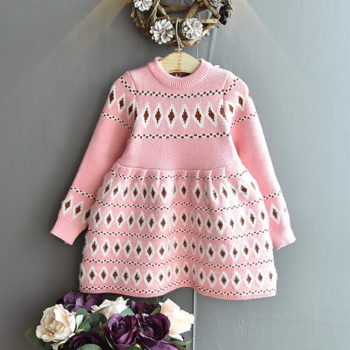 Girls Autumn Dress 2020 New Winter Baby Kids Knitted Bottoming Ladies National Jacquard Long-Sleeved Stretch Slim Sweater Dress