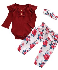 3Pcs Newborn Baby Girl Clothes Set Fashion Autumn Long Sleeve Solid Color Romper Tops Pants Headband Infant Clothing Outfits