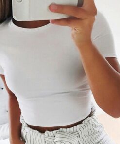 #H30 Solid Color Skinny T Shirt Women Short Sleeve O Neck Casual T-Shirt For Young Girls Gym Sports Crop Top Harajuku Tee Shirt