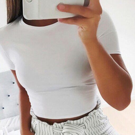 #H30 Solid Color Skinny T Shirt Women Short Sleeve O Neck Casual T-Shirt For Young Girls Gym Sports Crop Top Harajuku Tee Shirt