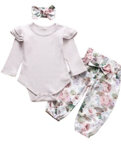3Pcs Newborn Baby Girl Clothes Set Fashion Autumn Long Sleeve Solid Color Romper Tops Pants Headband Infant Clothing Outfits