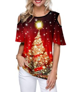 2020 New Women's Shirt Casual Fashion Christmas Trees Printed Lax Round Collar Short Sleeve Tee Female Clothes Christmas T-shirt